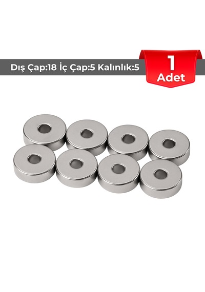 1 Adet Neodyum Mıknatıs Dış Çap: 18mm Delik: 5mm Kalınlık: 5mm D18xd5x5 Düz Delikli N130