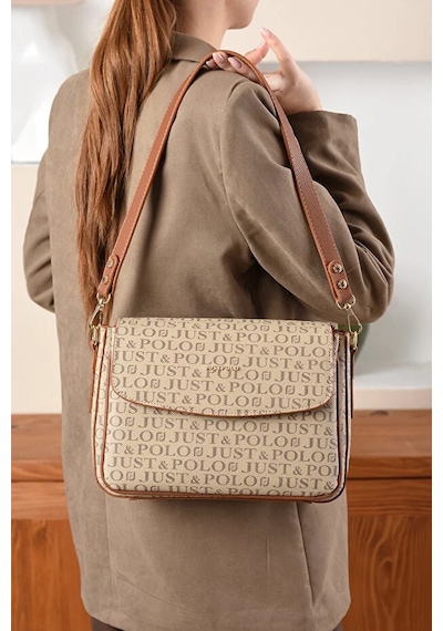 Just Polo Kadın Baskılı Ayarlanabilir Askılı Şık Ve Lüks El & Omuz Çantası Shoulder Bag Kum Taba
