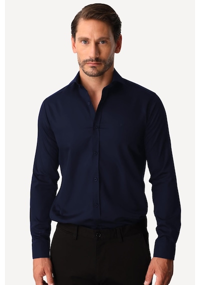 Igs Lacivert Slim Fit Dar Kalıp Klasik Yaka Düz Uzun Kollu Cepsiz %100 Pamuk Non Iron Ütü İstemeyen Gömlek -20002