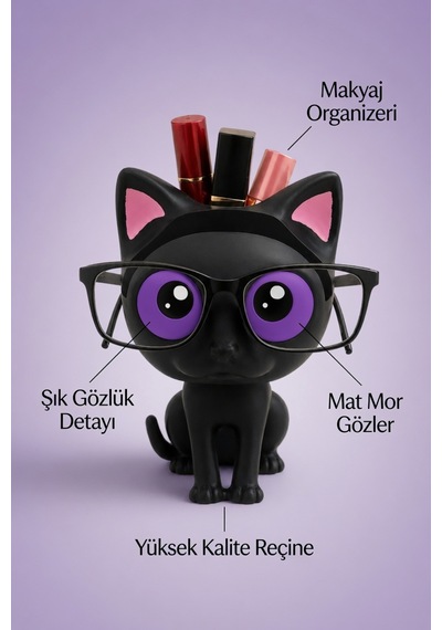 Kedi Figürlü Gözlük Standı Gözlüklük Kalemlik Makyaj Fırçası Ruj Organizer Masaüstü Dekoratif Ofis Düzenleyici