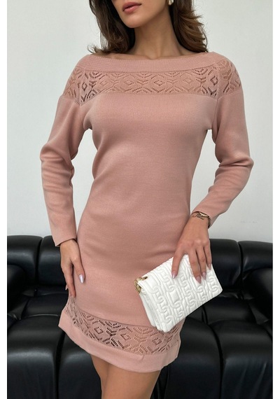 Aqe Fashion Kadın Kayık Yaka Yakası Dantel Detaylı Mint Triko Elbise Pudra