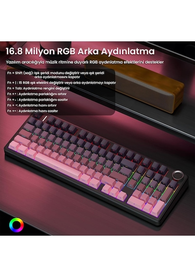 Aula F99 Pro 3 Modlu Rgb Hot Swap Mekanik Reaper Switch Kablosuz Makrolu Klavye Gradyan Pembe