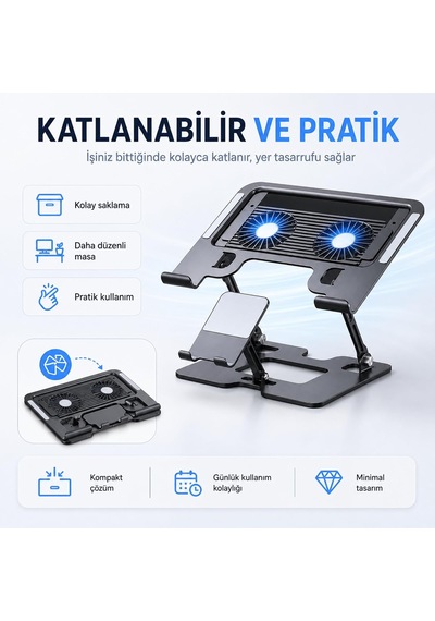 Karbon Çelik 3 İn 1 Notebook, Tablet Ve Telefon Standı, 12.9-17 İnç Laptop Ve Tablet İçin 2 Fanlı Soğutuculu Ergonomik Yükseltici, 4.7-12.9 İnç Telefon Tutucu, L07