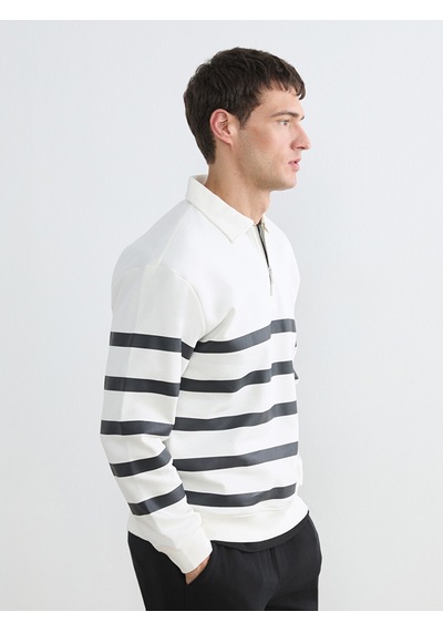 Lcw Vision Beyaz Polo Yaka Çizgili Erkek Kalın Sweatshirt