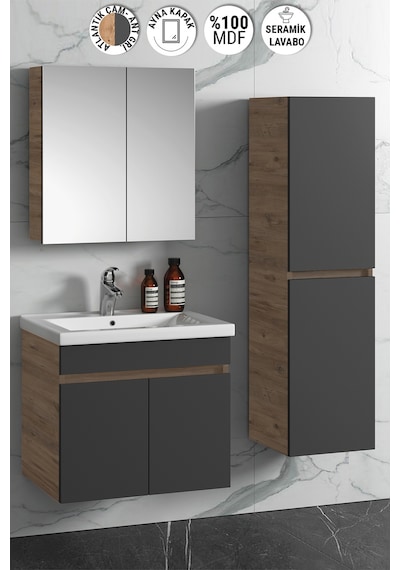 Çiğdem 65+35 Cm Atlantik Çam- Antrasit Gri Mat Mdf Seramik Lavabo Antrasit - Atlantik Çam