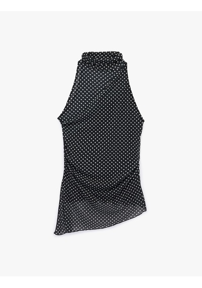 Koton Slim Fit Asimetrik Kesim Kolsuz Dik Halter Yaka Puantiyeli Tül Bluz Siyah Desenli 6sak10047ek Bdl