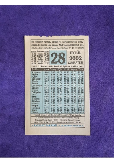 28 Eylül 2002 Takvim Yaprağı - Nostalji Koleksiyonluk Takvim Yaprağı