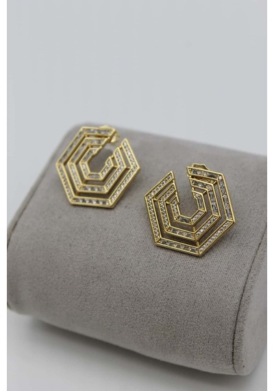 Vıp Çelik 14k Altın Kaplama Zirkon Taş İşlemeli Hexagon/altıgen Küpe