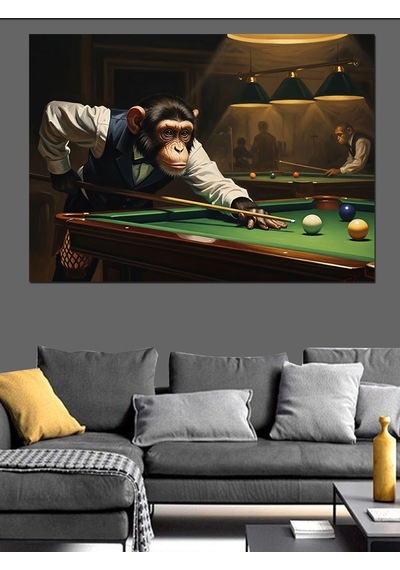 Ahşap Tablo Bilardo Oynayan Takım Elbiseli Maymun İnsan Figürlü Tablolar