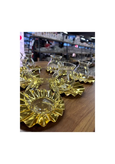 Metal Bardak Altlığı,cam Tiryaki Bardaklı Çay Seti,6 Kişilik12parça Çay Takımı,lüks,metal Çay Tabağı Gold
