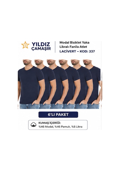 Yıldız Çamaşır Erkek Modal Bisiklet Yaka Likralı Fanila Atlet 335-336-337-338 - 6 Adet Lacivert