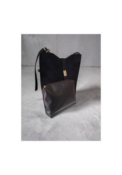 Dilora Premium Nubuk Deri Kadın Omuz Çantası Altın Tokalı Elegant Bucket Model Zamansız Tasarım Siyah