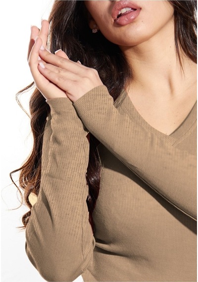 Alya Underwear Pamuklu Kaşkorse V Yaka Body Sweatshirt, Fitilli Kumaş Likralı Bluz, Asker Yeşili Badi Kahve Melanj