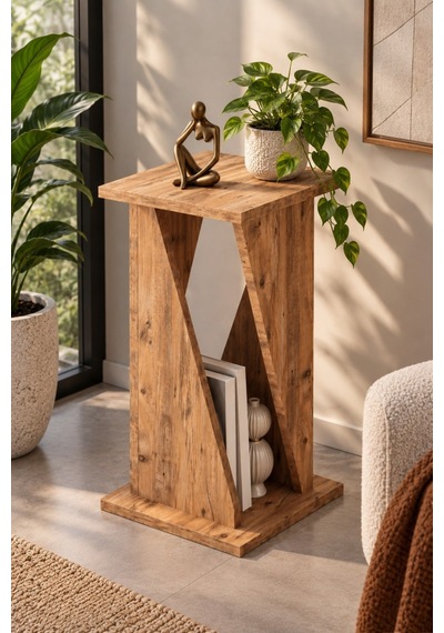 Sulorahome Modern Ahşap Görünümlü Dekoratif Yan Sehpa