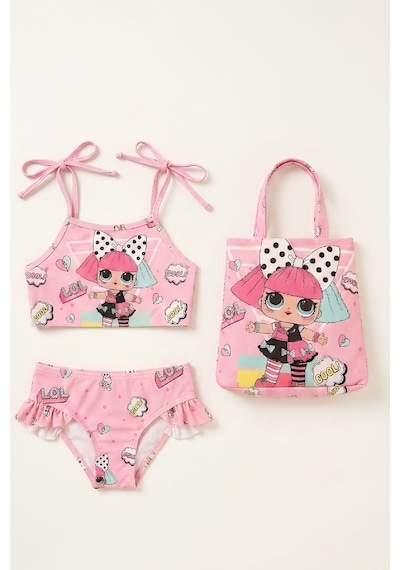 Modanino Kız Çocuk Çantalı 3'lü Mayo Takımı Çanta+mayo+bikini 3-10 Yaş 12649n Somon Rengi
