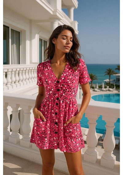 Rich Kadın Pembe Desenli Cep Detaylı Trend Elbise - Boydan Düğmeli Kısa Kollu Mini Elbise Pembe Rich Kadın Pembe Desenli Cep Detaylı Trend Elbise - Boydan Düğmeli Kısa Kollu Mini Elbise Pembe
