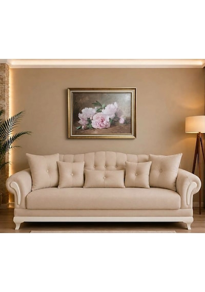 Gold Çerçeveli Vintage Natürmort Dekoratif Tablo - Pembe Çiçekler - 80x60 Cm