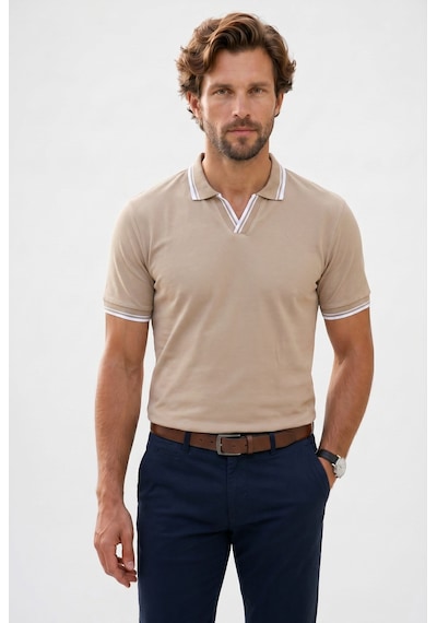 Tudors Erkek Slim Fit Dar Kesim %100 Pamuklu Çizgili Detaylı V Yaka Taş Polo Yaka Tişört-51597