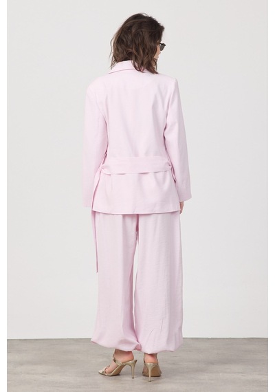 Diemmood Kadın Pile Ve Kemer Detaylı Pantolon Lastikli Pembe Oversize Takım