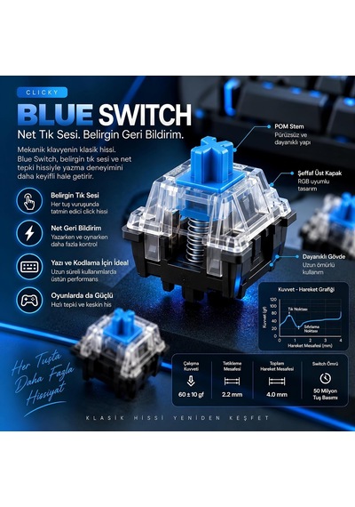 %75 Kablolu Rgb Mekanik Gaming Klavye, Türkçe Q, Blue Switch Kb-09