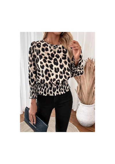Butik İstanbul Kadın Uzun Kollu Bisiklet Yaka Leopar Desenli Modal Bluz