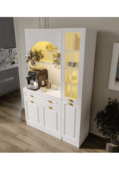 Guneystore Armoni Gold Midi Kahve Köşesi Sağ Vitrinli Komple Mdf Beyaz