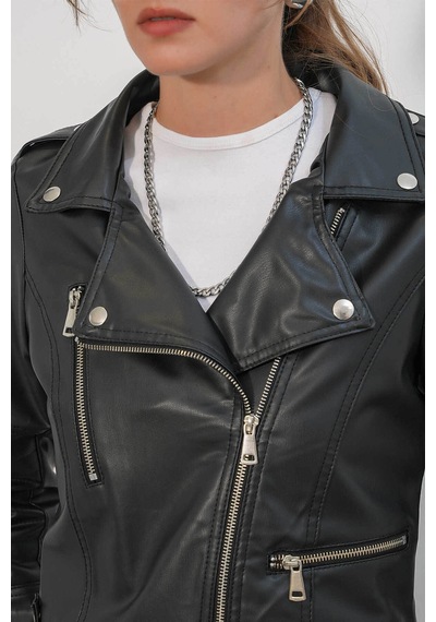 Bigdart Biker Siyah Kadın Deri Ceket 1025