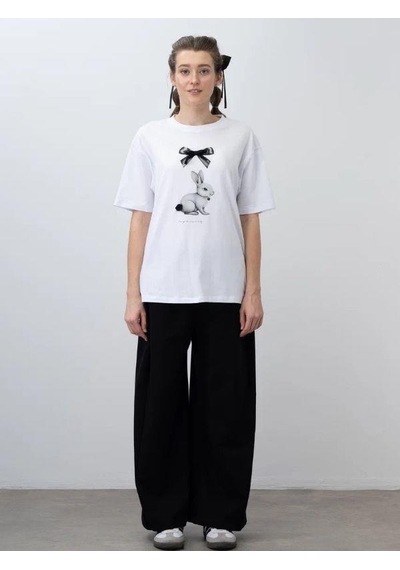Zekids Kız Çocuk Tavşan Baskılı Oversize Tasarım Tshirt-15538 Ekru