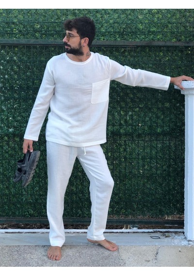 Combattente Organik Müslin Erkek Takım, Pijama Takımı Kırık Beyaz