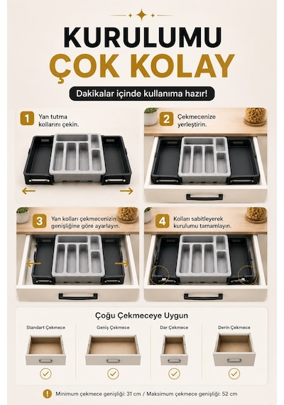 Sürgülü Ayarlanabilir Kaşıklık Organizer Çekmece İçi Düzenleyici S-10555 Gri