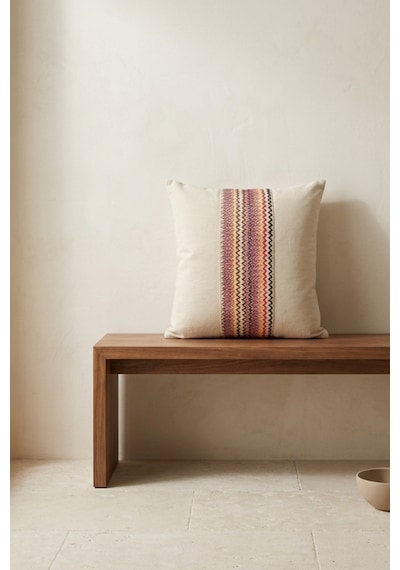 Renkli Etnik Geometrik Dokuma Şerit Detaylı Pamuklu Dekoratif Gizli Fermuarlı Kırlent Kılıfı 42x42 Cm Çok Renkli