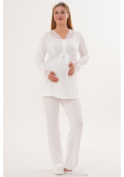 Mecit Pijama Mecit 6330 Ekru Sabahlıklı Lohusa Pijama Takımı