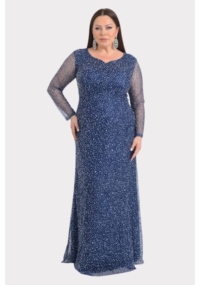 Lilas Xxl Kadın Büyük Beden Kalp Yaka Uzun Kollu Abiye Elbise 9471 Lacivert Lacivert