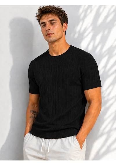 Ribana Erkek Bisiklet Yaka Kısa Kollu Esnek Örme Triko T-shirt 26091 Siyah