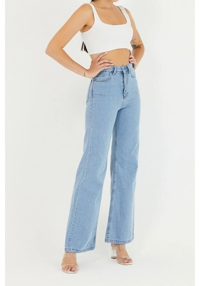 Palazzo Pantolon Buz Mavi Yüksek Bel Geniş Paça Bol Kesim Premium Jeans Buz Mavi