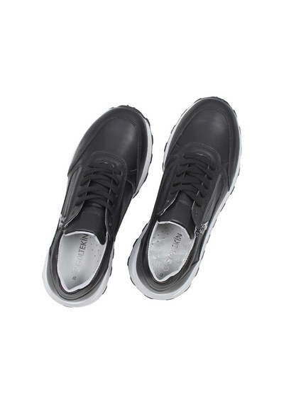 Kadın Siyah Bağcıklı Fermuarlı Deri Sneaker