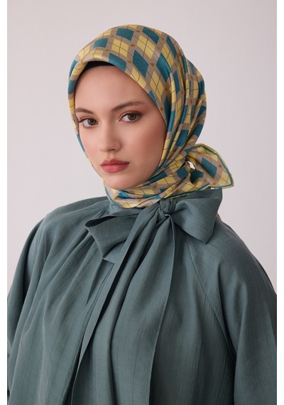 Belli Geometrik Desen %100 Twill İpek Eşarp Be08 Sarı