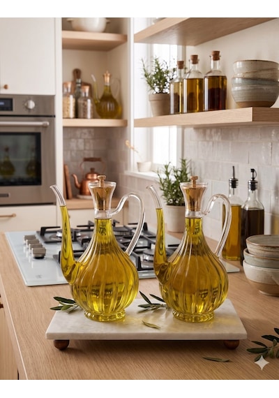 Çizgili Tasarım Gold Kafalı Mermer Stantlı Borosilikat Cam Glorry Cam Yağlık 700 Ml+700 Ml Şeffaf