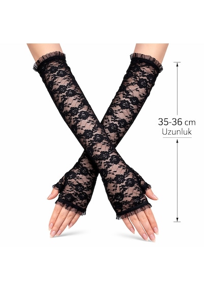 Savarga Uzun Zarif Dantel Eldiven Parmaksız Siyah 35 Cm 4801