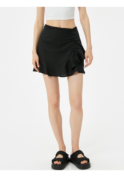 Koton Fırfırlı Mini Keten Şort Etek Slim Fit Fiyonk Detaylı Siyah 4sal70013ıw Siyah