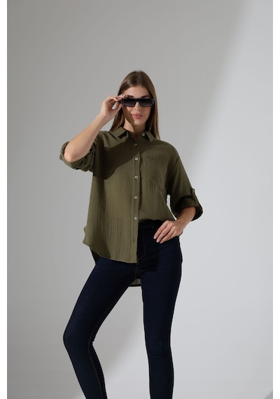 Oversize Basic Müslin Gömlek Haki