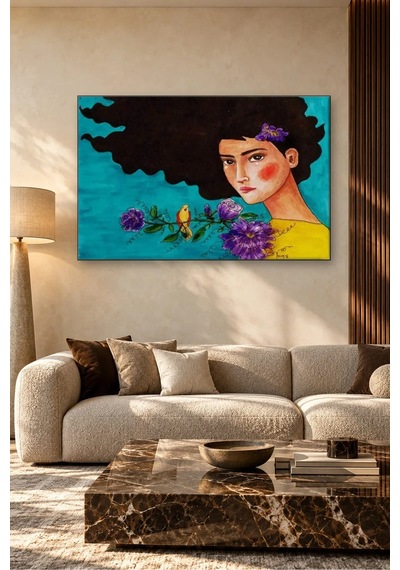 Fida Turkuaz Fonda Kuşlu Ve Çiçekli Kara Saçlı Kız Canvas Tablo Çok Renkli