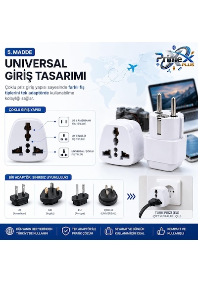 Primex Px-amc1 Universal Priz Dönüştürücü, Amerikan Priz Ve İngiliz Priz Türk Çevirici Adaptör, Us/uk To Eu Türk Fiş Adaptörü Seyahat Tipi Çevirici Çok Renkli