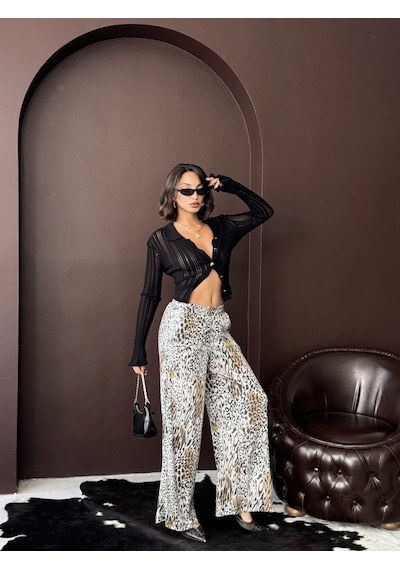 Verymoda Trend Leopar Desenli Bol Paça Pantolon - Günlük Ve Gece F2022 Açık Leopar