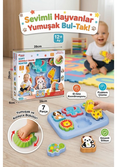 7 Parça Yumuşak Hayvan Şekilli Bul-tak Eğitici Bebek Oyuncağı 12+ Ay