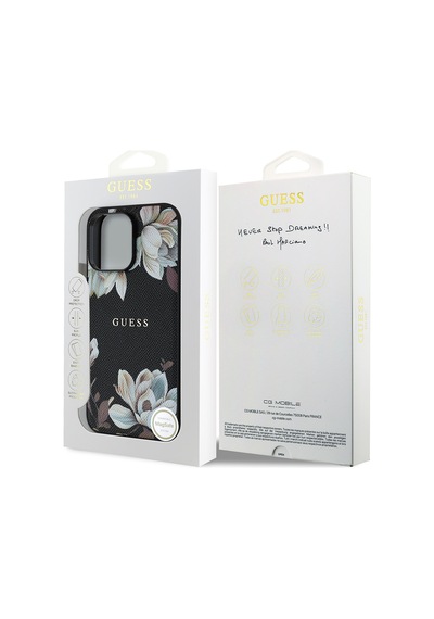 Apple Uyumlu iPhone 14 Pro Max Kılıf Guess Lisanslı M-safe Özellikli Taneli Çiçek Tasarımlı Metal Logolu Siyah