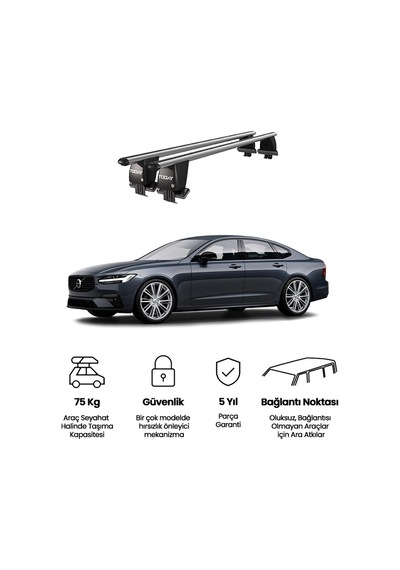 Royal Volvo S90 2016 Ve Sonrası Uyumlu Gri Kilitli Ara Atkı Port Bagaj Tavan Barı