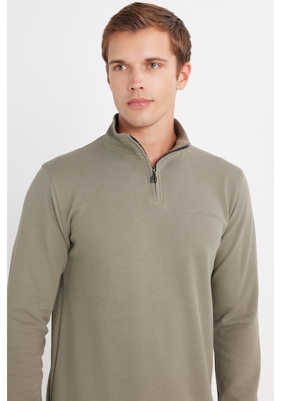 Tudors Erkek Slim Fit Dar Kesim Pamuklu Yarım Fermuarlı Dik Yaka Haki Sweatshirt-35786 Haki