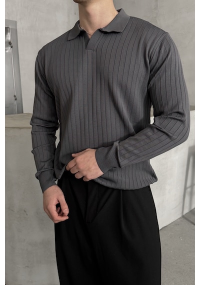 Erkek Polo Yaka Fitilli Oversize Triko Kazak Antrasit