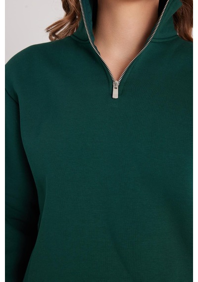 Tudors Kadın Relax Fit Rahat Kesim Pamuklu İçi Polarlı Yarım Fermuarlı Haki Dik Yaka Sweatshirt-37892 Haki
